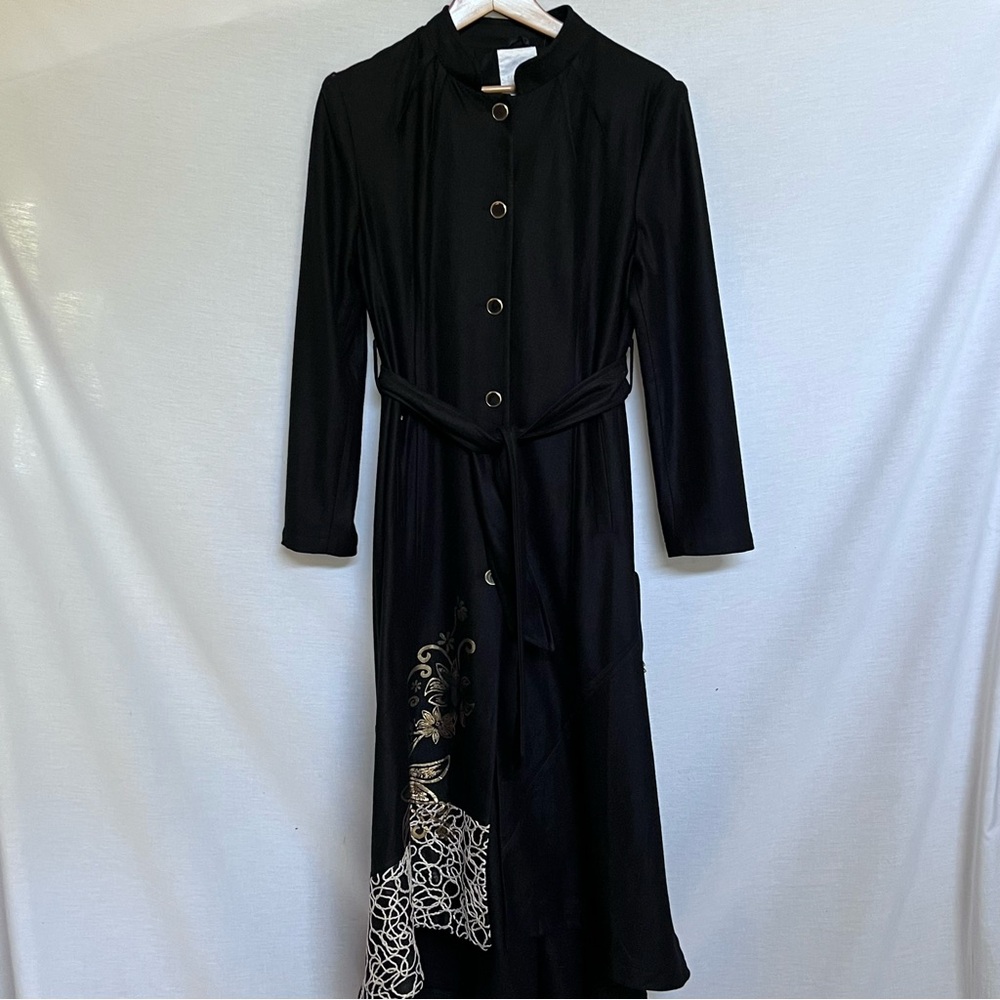 Chic Black Long Sleeve Dress/Over Coat with Gold Detailing